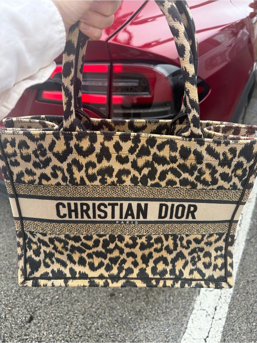Authentic Dior Leopard Print Canvas Tote in Beige and Black